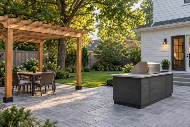 Open pergola dining area beside a separate outdoor kitchen and broad paved route
