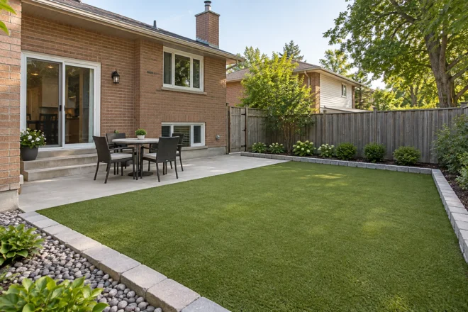 Synthetic play lawn beside a compact concrete dining terrace