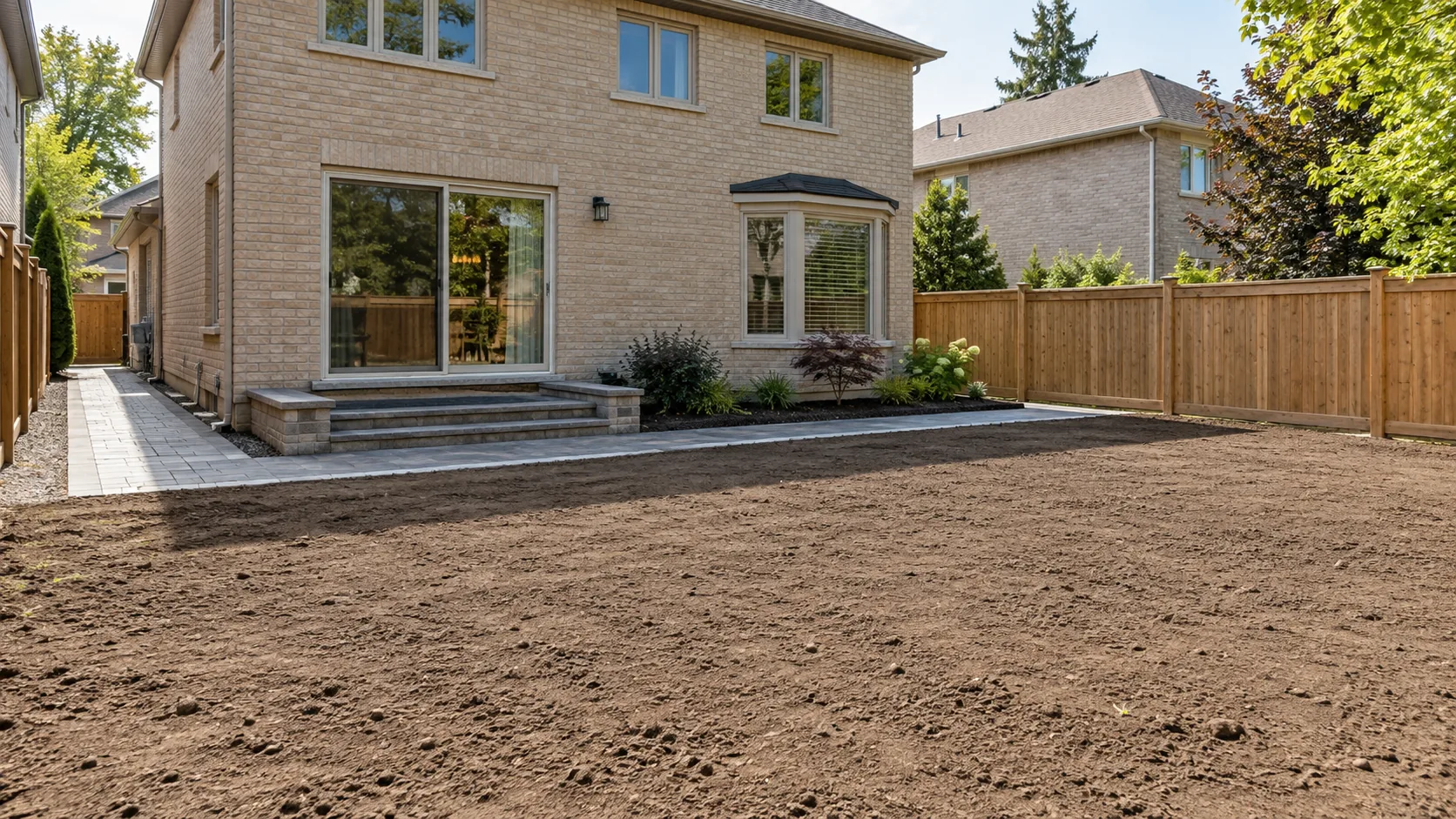 Prepared bare-soil yard beside completed walkways and steps, awaiting sod