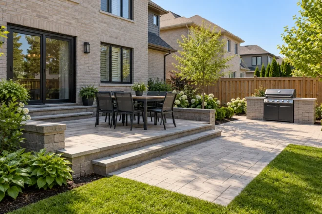Sunny two-level paver terrace with dining furniture and a separate unlit barbecue area.