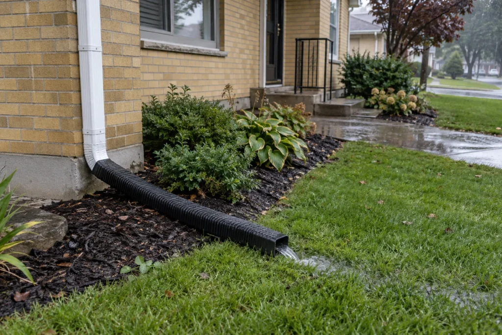Downspout extension discharging onto lawn beside a yellow-brick house
