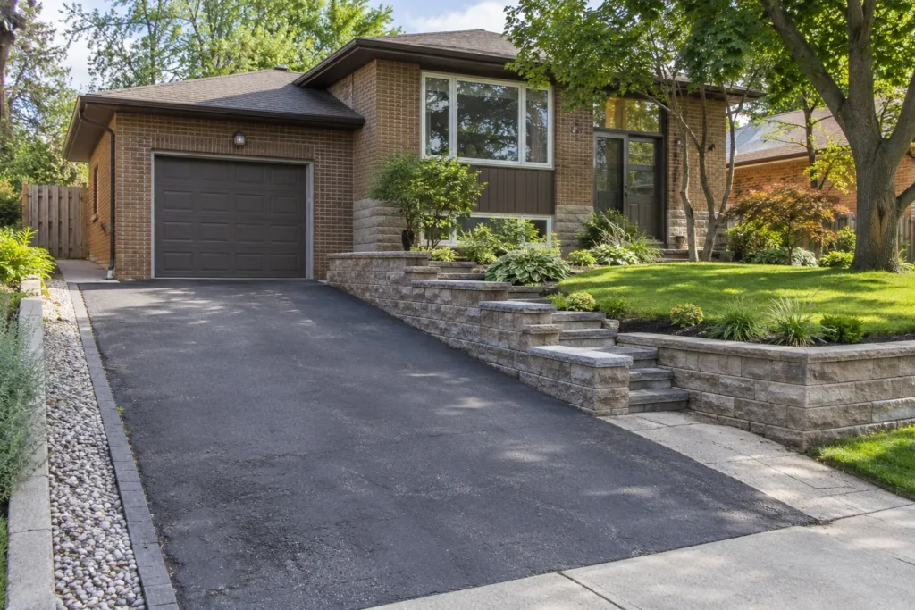Low stepped retaining wall between a sloping driveway and raised front lawn