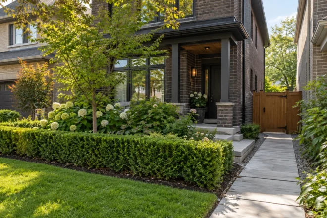 Mature hedge framing a garden without blocking its gate