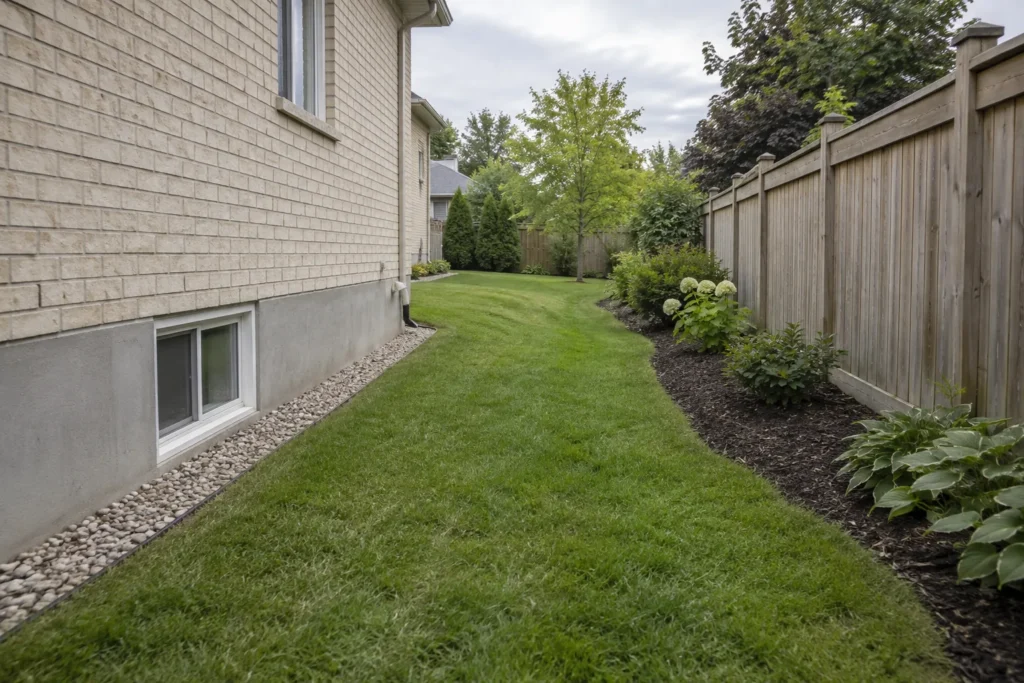 Open side-yard drainage route beside foundation
