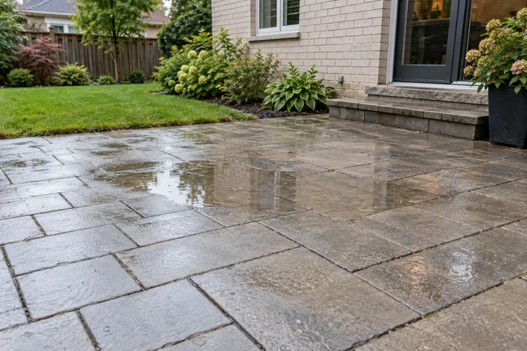Shallow rainwater puddle across a low area of a grey paver patio