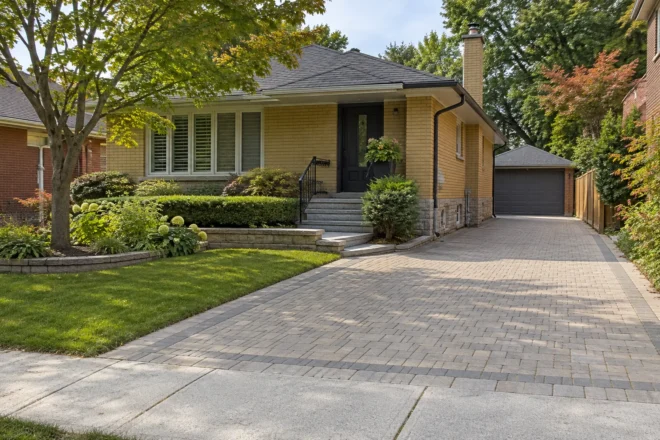 Beige interlock driveway with a matching extension beside an older yellow-brick home