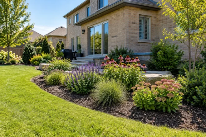 Sunny mulched garden bed with coneflowers, purple perennials, sedum and grasses