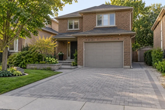 Grey interlocking driveway reaching a garage at a brown-brick two-storey house