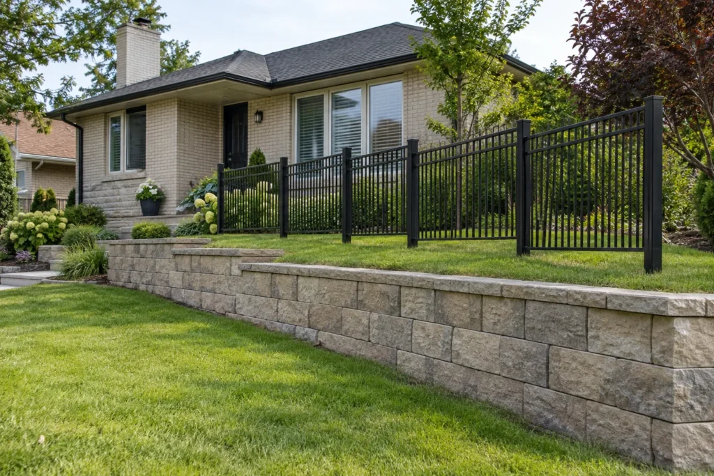 Black fence follows rising lawn behind a separate low retaining terrace