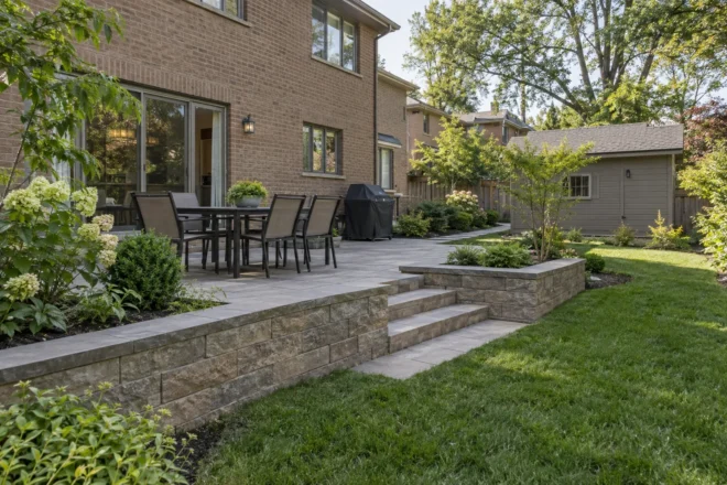 Short garden wall supporting a raised backyard patio with connected broad steps