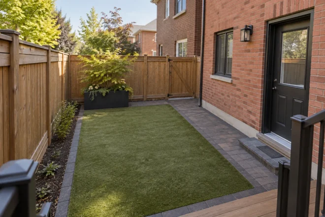 Artificial lawn inset bordered by dark pavers in a narrow brick courtyard