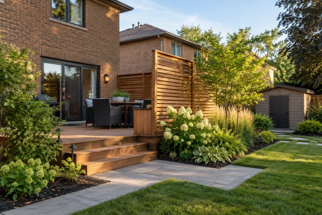 Deck-side privacy formed by a slatted screen and planting