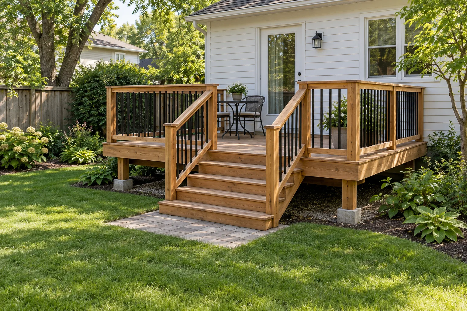 Supported cedar deck with house and lawn transition