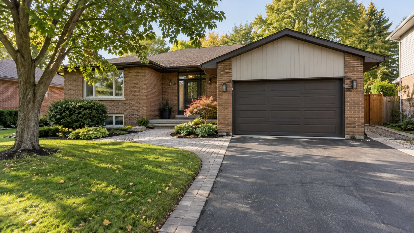 Curved paver front walk connecting an asphalt driveway to the entrance steps
