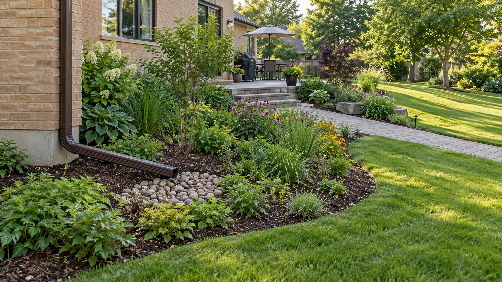 Downspout extension discharging into a planted bed clear of the yard path