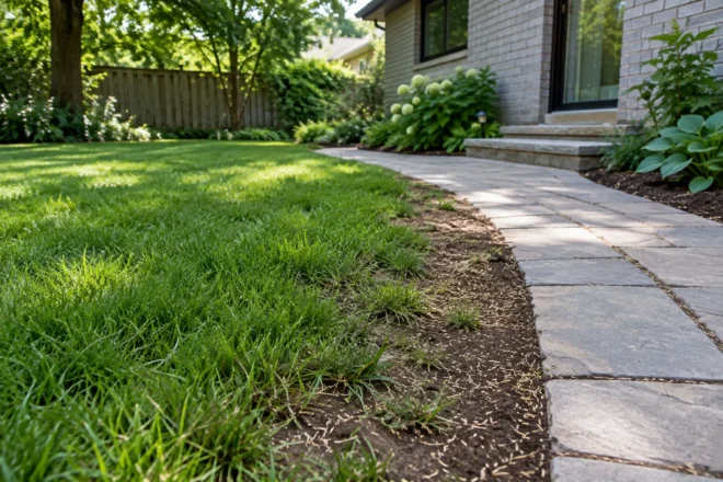 Grass seed on exposed soil along a worn lawn edge beside a stone path