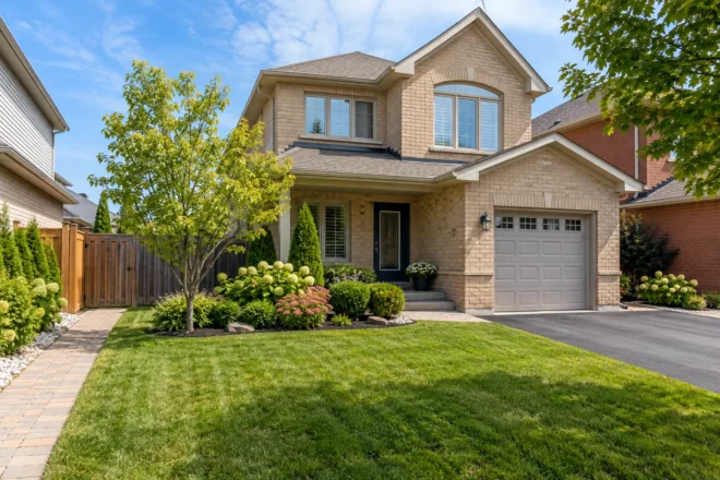 Small detached front lawn and garden in tidy condition