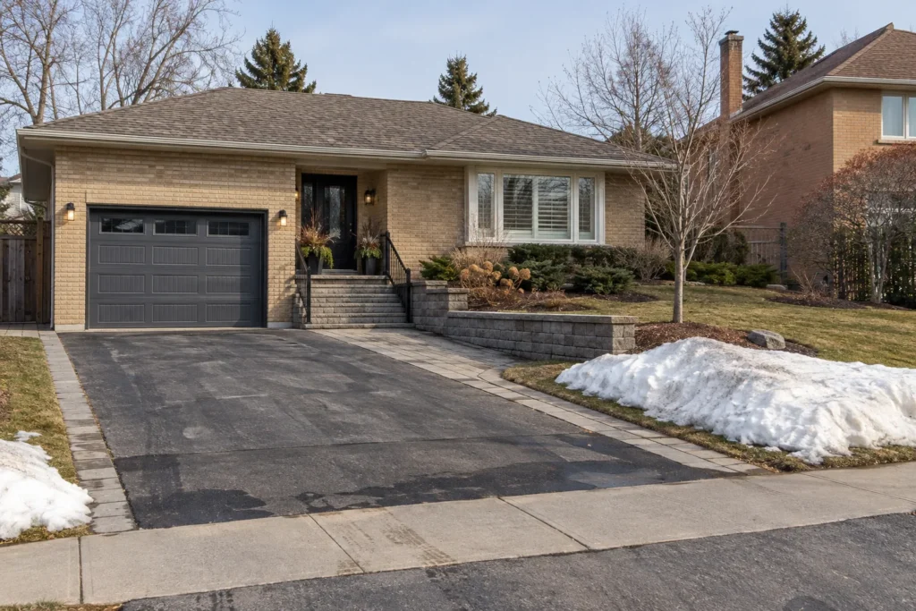 Melting snow beside a cleared driveway, paver margin and front lawn