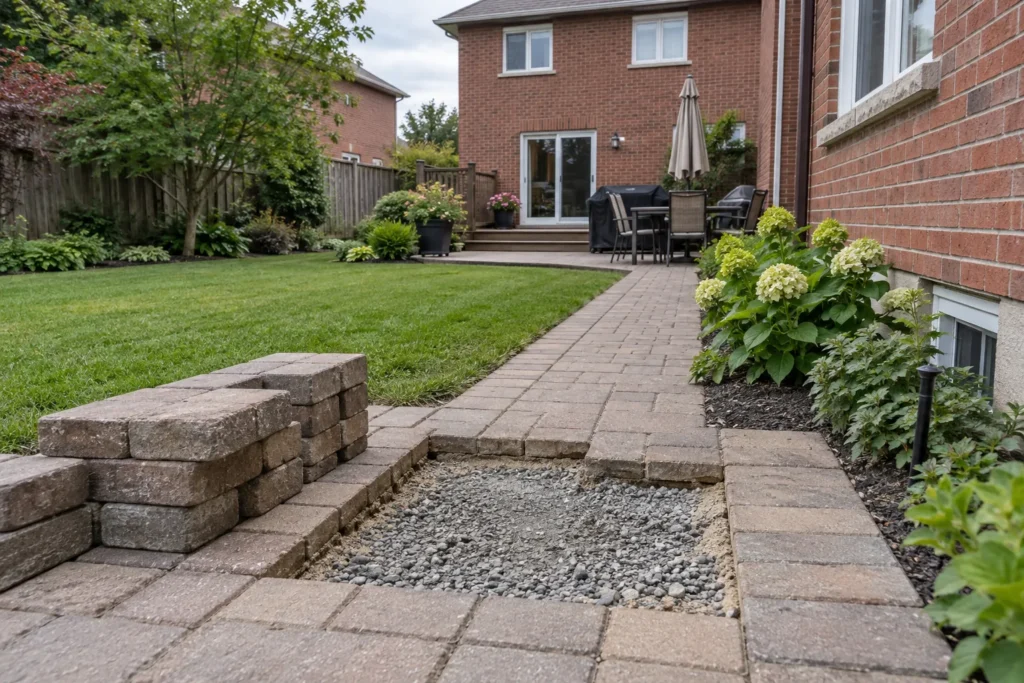 Small opened paver patch exposing aggregate beside stacked reusable stones
