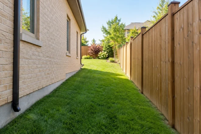 Long side lawn with neat fence-line trimming beside a buff-brick house