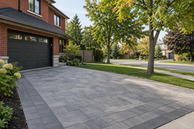 Grey paver driveway at a red-brick corner property with broad lawn and mature street trees