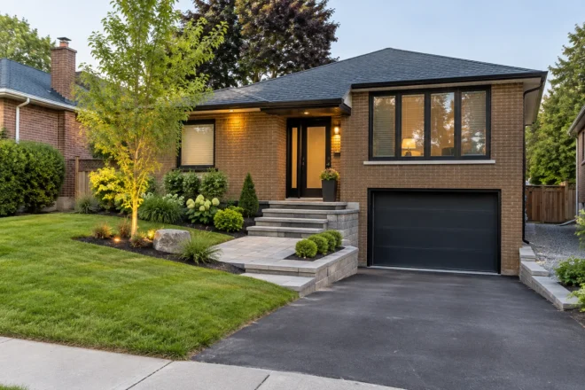 Front property with new entrance alignment and balanced planting