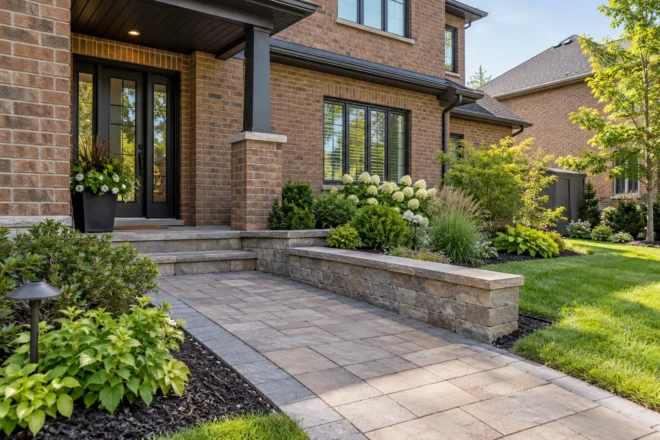 Paver entrance walk beside a low stone garden wall at a brick home.