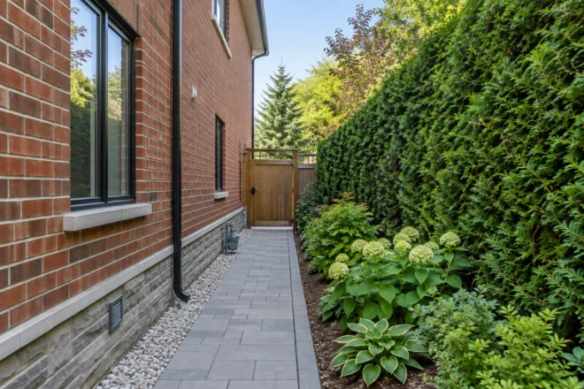 Side-yard hedge with an open maintenance path