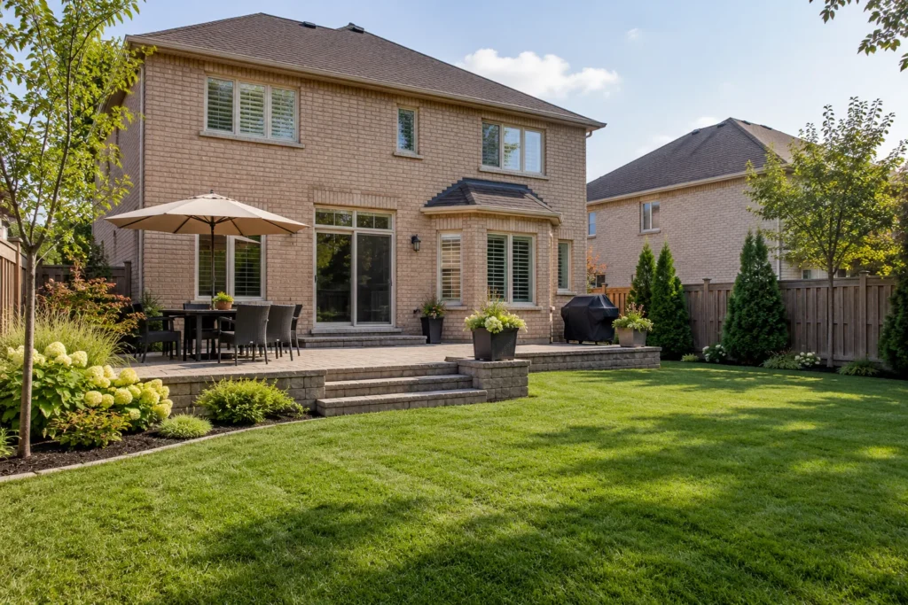 Low paver terrace meeting a gently sloped open lawn