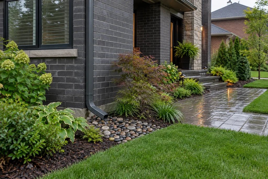 Roof-water outlet landing on a stone splash area beside front planting and a wet walkway