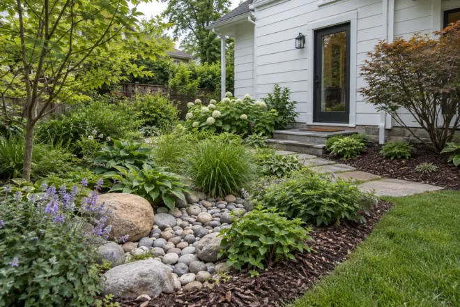 River-stone accent among low shrubs beside a white-sided home