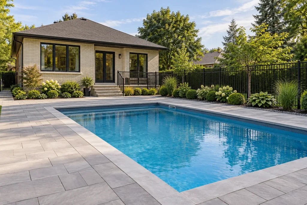 Pool surround with broad paving separating water from a low planted border