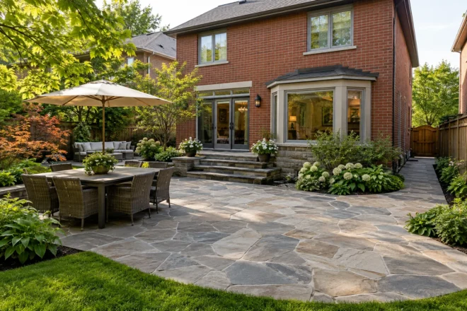 Natural-stone backyard patio with irregular fitted joints