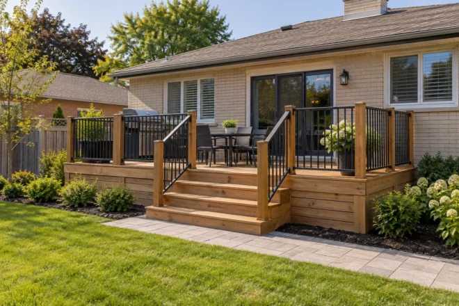 Low cedar deck at a brick bungalow