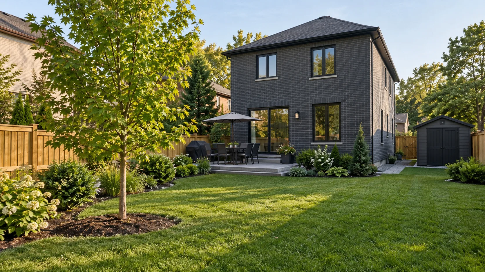 New tree and complementary shrubs on a modest property with visible root flare and adequate space