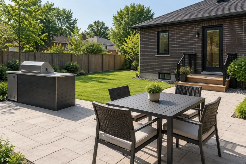 Outdoor dining table set apart from a compact cooking station and rear entrance