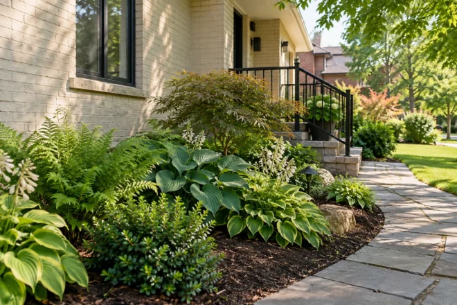 Shade garden with broadleaf plants beside a cream-brick bungalow