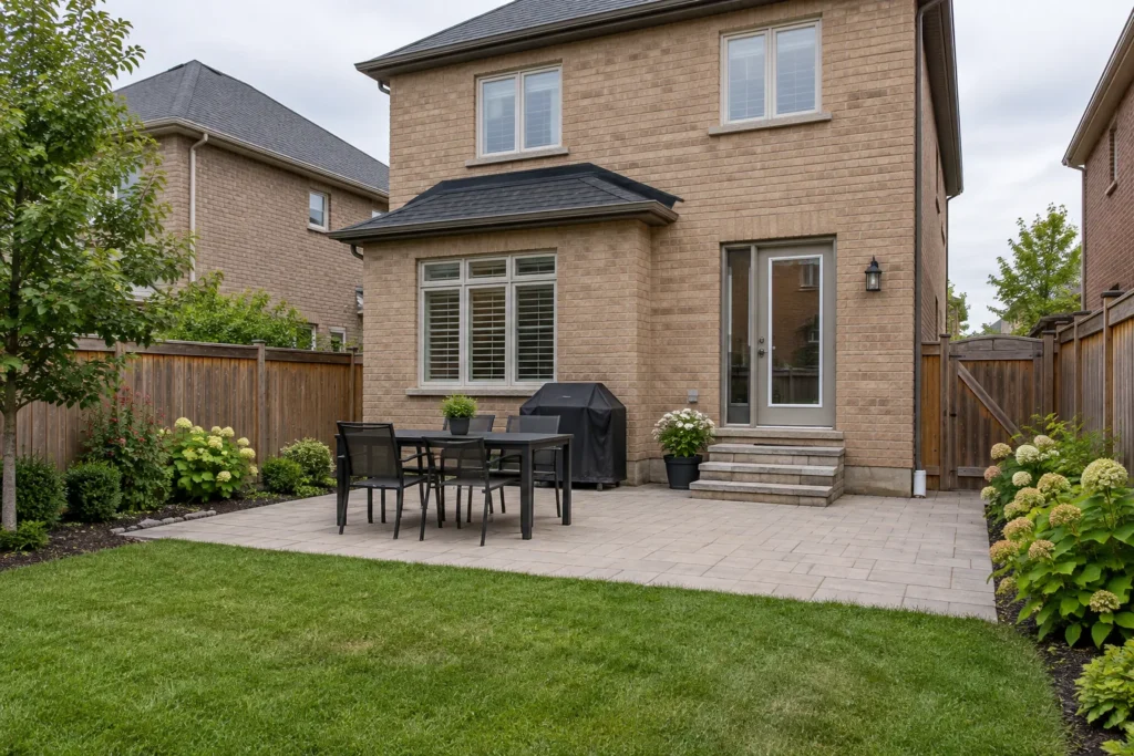 Dining table offset from the rear-door route on a paver terrace
