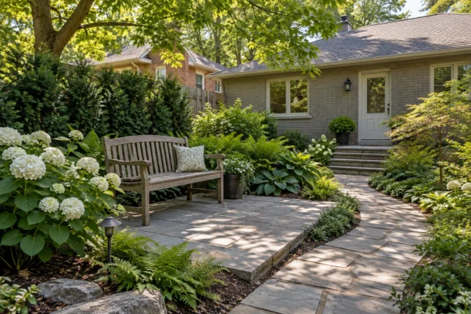 Timber garden bench screened by layered shrubs beside a clear stone path