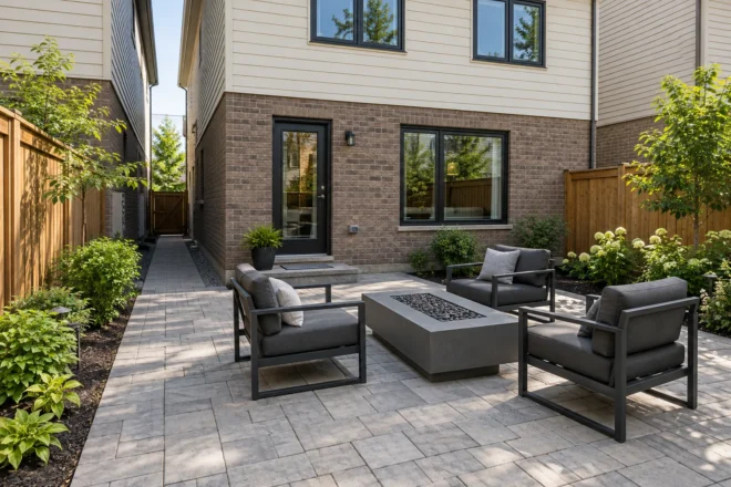 Unlit gas table with three chairs and a clear side path in a narrow rear garden.