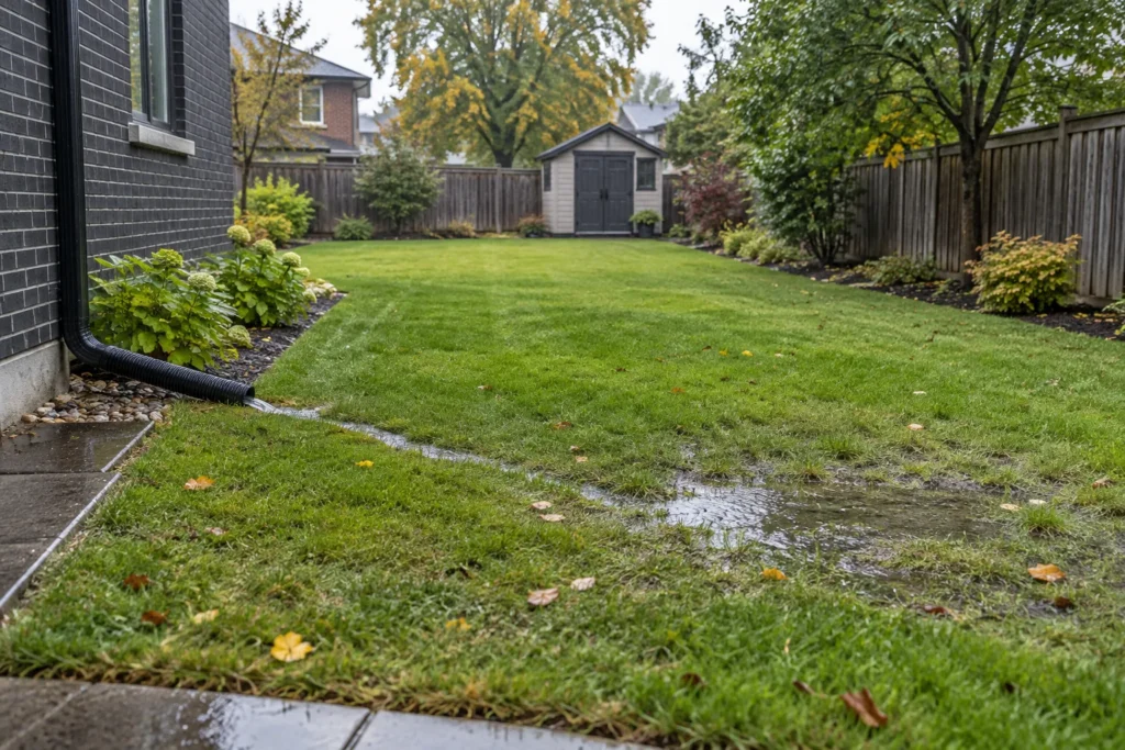 Downspout flow crossing grass toward a low backyard puddle