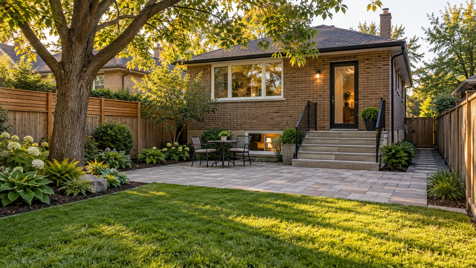 Stone patio, usable lawn and mature tree behind a brown-brick home
