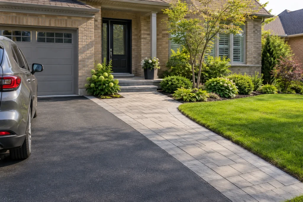 Distinct paver front walk beside open car-door space on an asphalt driveway.