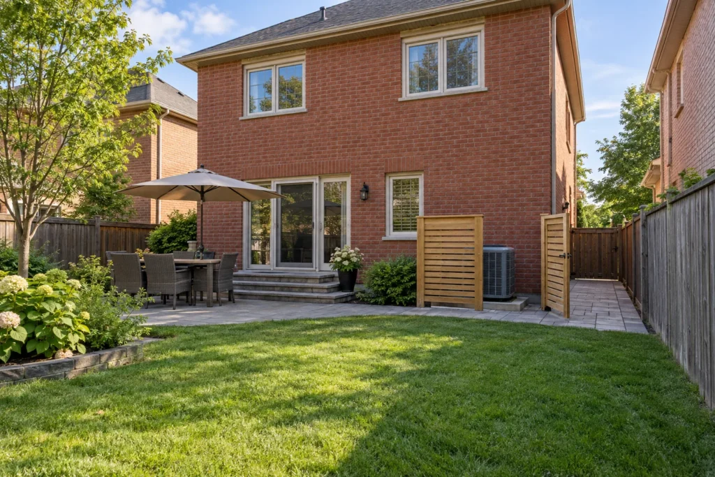 Ventilated cedar utility screen with open service gate beside a rear patio