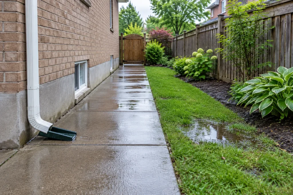 Wet side-yard path and shallow standing water beside a brick house