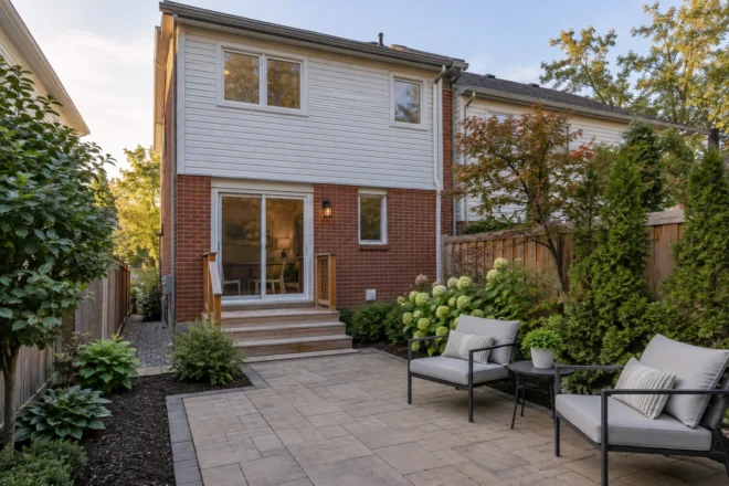 Compact townhouse paver patio with two chairs and privacy planting