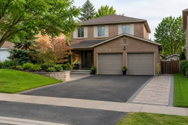 Double driveway with a grey interlock extension and planted entrance garden