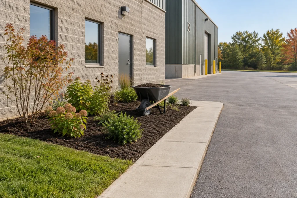 Seasonal bed care beside an industrial building with a wheelbarrow kept outside the clear access route.