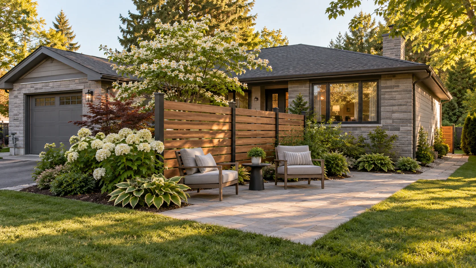 Cedar privacy screen behind two chairs with layered planting beside a stone-accent bungalow