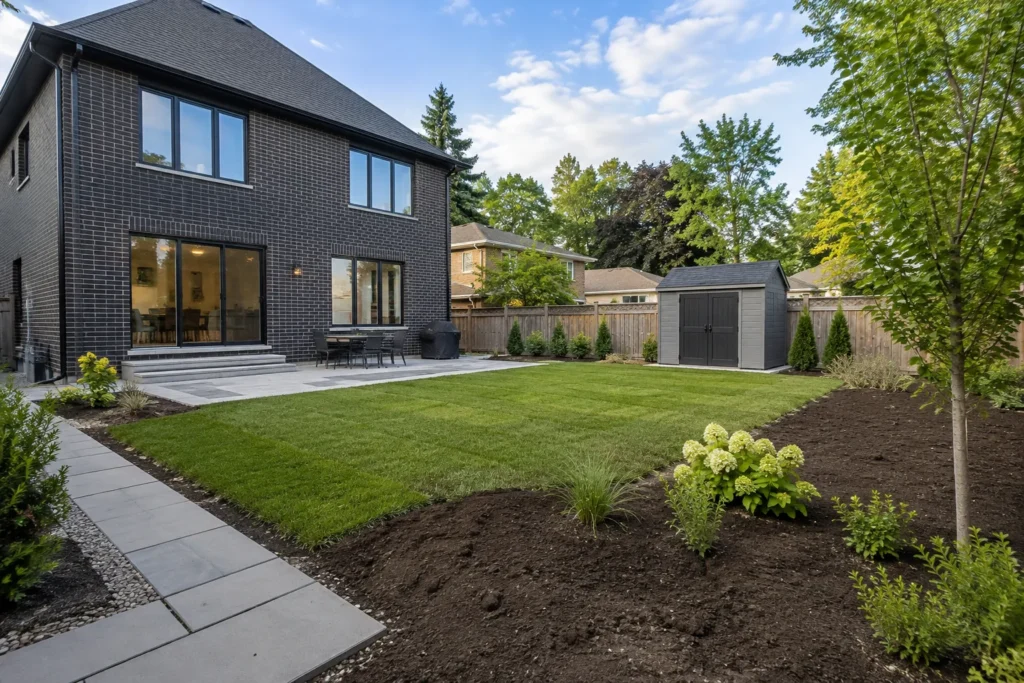Prepared garden soil beside completed backyard hardscape and lawn
